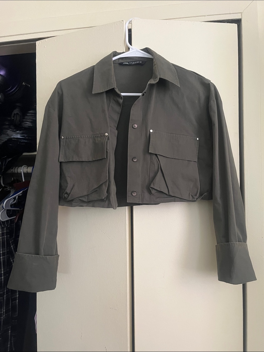 Zara Cropped Utility Jacket in Olive Green